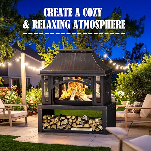 39" Fire Pits with Wood Storage for Outside, Large Wood Burning Outdoor Fireplace with Chimney, Mesh Spark Screen & Fire Poker, Idea for Backyard, Patio, Party, Camping, Picnic