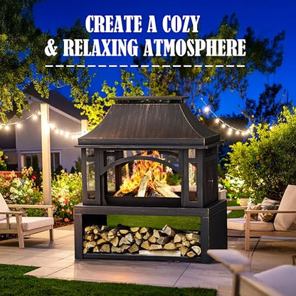 39" Fire Pits with Wood Storage for Outside, Large Wood Burning Outdoor Fireplace with Chimney, Mesh Spark Screen & Fire Poker, Idea for Backyard, Patio, Party, Camping, Picnic