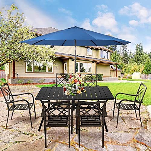 Omelaza 7 Pieces Patio Metal Furniture Outdoor Dining Set with 6 Stackable Bistro Chairs, 60'' x 37'' Rectangle Table and 10Ft Dark Blue Umbrella