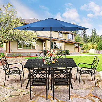 Omelaza 7 Pieces Patio Metal Furniture Outdoor Dining Set with 6 Stackable Bistro Chairs, 60'' x 37'' Rectangle Table and 10Ft Dark Blue Umbrella
