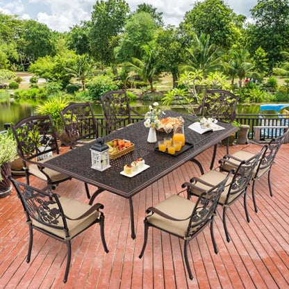 9-Piece Cast Aluminum Outdoor Dining Set, Copper Red Patio Furniture for 8 Includes Unique Strawberry & Leaf 87" Rectangular Outdoor Dining Table and 8 Stackable Chairs with Cushions & Umbrella Hole