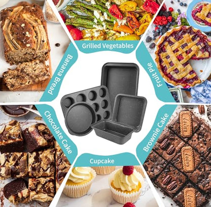 Barlket Baking Pans Set, 5 Piece Grey Marble Nonstick Bakeware with 100 Cupcake Liners – Stackable Carbon Steel Set for Small Kitchens, Apartments, Home Baking and Gifts
