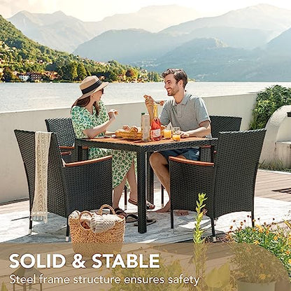 Devoko 5 PCS Furniture, Patio Conversation Set with Acacia Wood Top, Rattan Outdoor Dining Table and Chairs for Backyard, Garden, Deck, Black