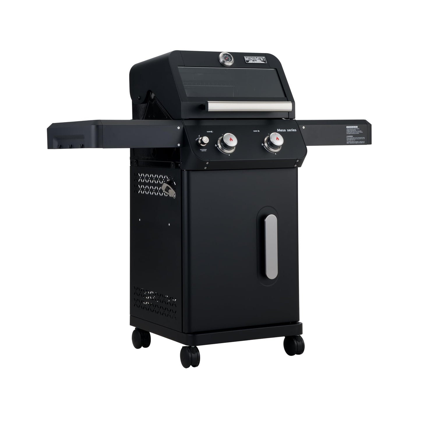 Monument Grills 2-Burner Stainless Steel Liquid Propane Gas Grill, Two Foldable Shelves Patio Garden Barbecue Grill with Clearview® Lid, Knob Control Mesa220, Black