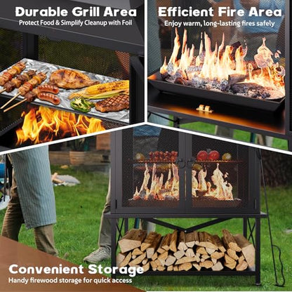 Large Outdoor Chiminea Fire Pit with Grill, Outdoor Fireplace, Outdoor Wood Burning Fireplace with Chimney, 360° Mesh Spark Screen Door, Fire Poker and Log Storage Rack for Patio Backyard