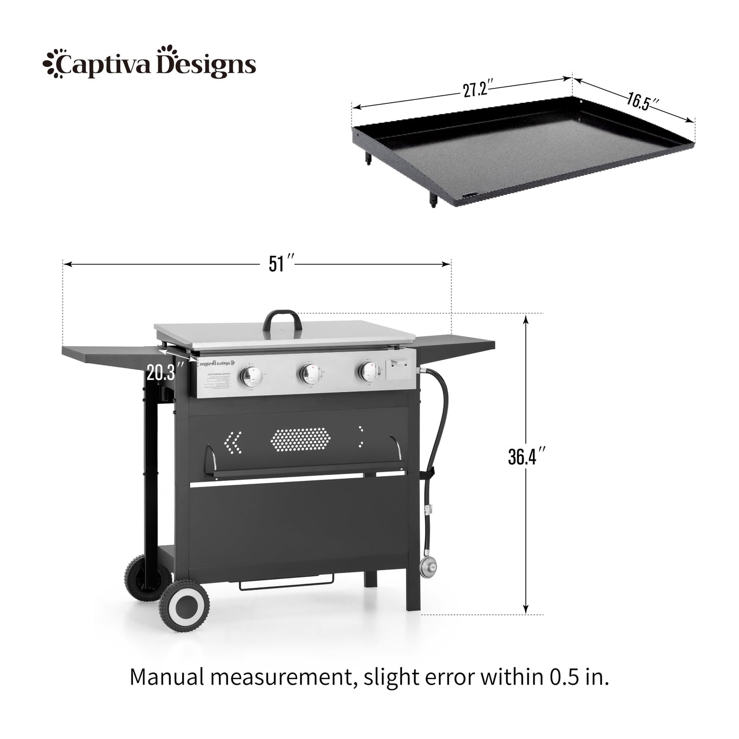 Captiva Designs 27 in Flat Top Griddle Grill with Ceramic Coated Cast Iron Pan, 3-Burner Propane Gas Griddle Grill, 33,000 BTU Output Flattop Grills for Outdoor Barbecue, Cooking and Party
