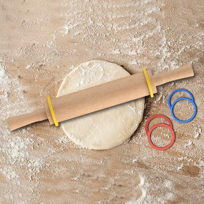 Mepple Classic Wooden Rolling Pin with Handle for Fondant, Pizza, Pies, Cookies, Pastries, Rolling Pin for Baking with 3 Multi-Color Thickness Rings, 17"x2.5" (Include handle) Beechwood Rolling Pin