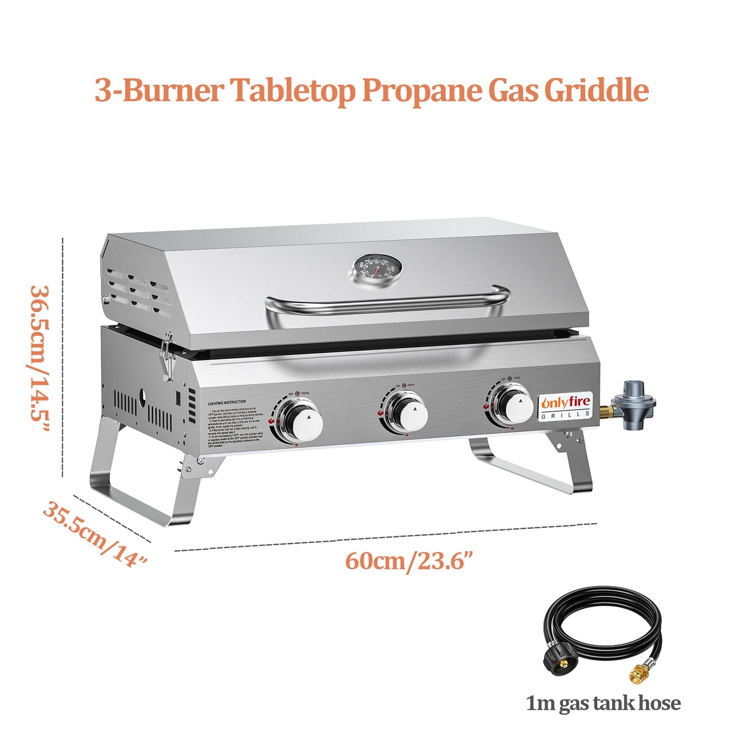 ONLYFIRE GRILLS Tabletop Gas Griddle with Foldable Legs, Portable 3-Burner Propane Gas Flat Top Grill Griddle for Outdoor Cooking Patio Barbecue Camping Tailgating RV BBQ, Stainless Steel, #GS309
