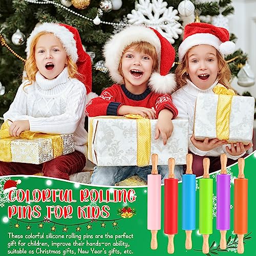 Dandat 6 Pcs Small Rolling Pin Kids 12 Inch Mini Silicone Rolling Pin for Baking Non Stick Kids Dough Roller with Wooden Handle for Kitchen Cookie Pastry Fondant Cake 6 Colors