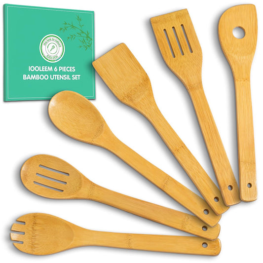 IOOLEEM Bamboo Wooden Spoons for Cooking 6 Pcs 12 Inch, Non-Stick Wooden Kitchen Utensils Set, Natural and Durable Wooden Spatula Spoons for Non-Stick Pan for Cooking