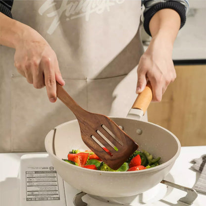 2 Pcs Wooden Spatula Set - Acacia Wood Non-Stick Kitchen Utensils with Long Handle - Solid & Slotted Spatulas for Cooking, Baking - Smooth Finish, Handmade Wooden Spoons