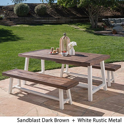 GDFStudio Cassie Outdoor Modern Industrial 3 Piece Acacia Wood Picnic Dining Set with Benches, Sandblasted Dark Brown and White Rustic Metal