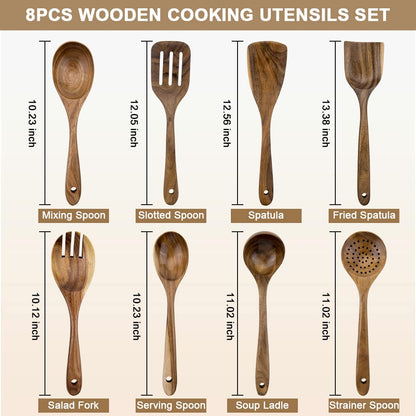 WOODME Kitchen Utensils Set 8 Piece Teak Wooden Cooking Utensil Set Non-Stick Pan Wood Spoons and Spatula Cookware for Home Everyday Use &Kitchen Tools