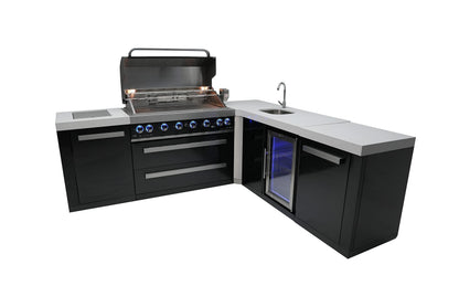 Mont Alpi MAi805-BSS90BEV Burner 115000 BTU L-Shaped 90 Degree Corner Black Stainless Steel Gas Modular Outdoor Kitchen Island BBQ Grill with Beverage Center Refrigerator + 2 Infrared Burners +Storage