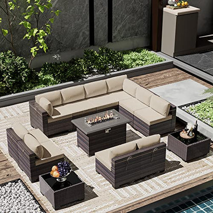 ASJMR Outdoor Patio Furniture Set with Gas Fire Pit Table, 13 Pieces Outdoor Furniture Set Patio Sectional Sofa w/43in 55000 BTU Propane Fire Pit, PE Wicker Rattan Patio Conversation Sets - Brown