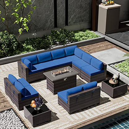 ASJMR Outdoor Patio Furniture Set with Gas Fire Pit Table, 13 Pieces Outdoor Furniture Set Patio Sectional Sofa w/43in 55000 BTU Propane Fire Pit, PE Wicker Rattan Patio Conversation Sets - Dark Blue