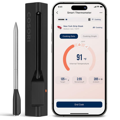COSORI Wireless Meat Thermometer Digital, Bluetooth Food Thermometer for Grill, Smoker, Oven, Air Fryer for Turkey, Chicken, Steak, Gifts for Men, 90+ Recipes in Free App