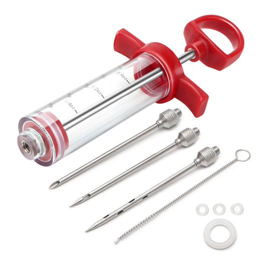 TGE-V 1-oz Plastic BBQ Marinade Injector Kit, Turkey Injector Syringe (3 Stainless Steel Meat Needles + 3 Replacement O Rings + 1 Cleaning Brush) for Smoked BBQ Grill