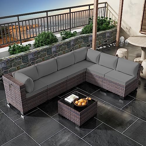 RTDTD 7 Pieces Outdoor Patio Furniture Set,Outdoor Sectional Furniture All Weather PE Rattan Wicker Patio Conversation Set with Coffee Table and 6 Thickened Cushions,Grey