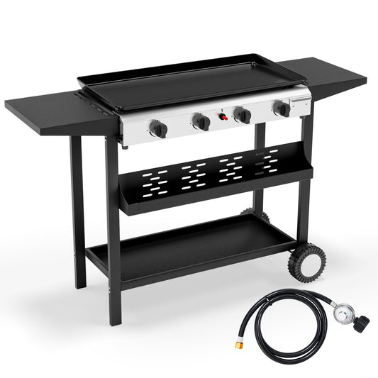 Bonnlo 4 Burner Portable Propane Griddle, 40,000BTU Gas Griddle Grill with Nonstick Enameled Tray, Rolling Flat Top Gas Grill w/Electronic Ignition, Side Shelve & Regulator, Ideal for Outdoor Cooking