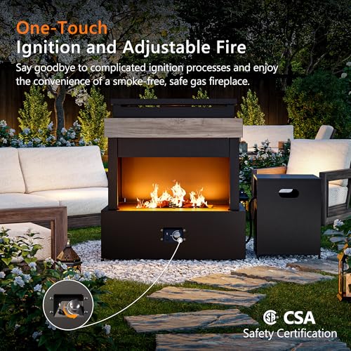 MaxMulti Outdoor Propane Fireplace w Tank Table, 50,000 BTU Gas Fire Pit with Ceramic Logs, Rain Cover, 35 Inch Steel Metal Smokeless Fireplace for Patio, Deck, CSA Certified (35 x 40 Inch)