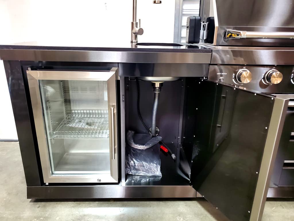 3 Piece Pizza Oven + Black Stainless Steel 6 Burner Black Marble Top Modular Island BBQ Outdoor Electric Propane Grill Kitchen with Fridge, Sink, Side Burner, LED Lights on Knobs, and Grill Cover