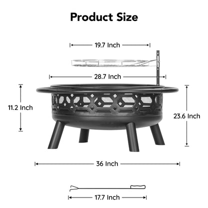 Florise 36 Inch Fire Pit, Outdoor Wood Burning Firepit with Removable Grill & Poker, Heavy Duty Metal Round Fireplace,2 in 1 Large Bonfire for Outside,BBQ,Yard,Patio