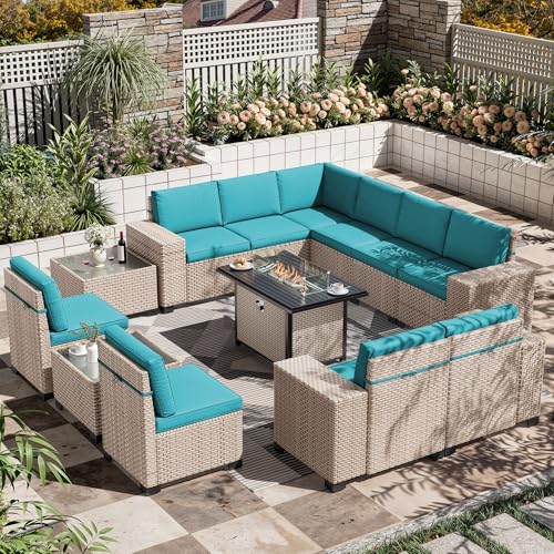 Aukreolis 13 Pieces Patio Furniture Set with Fire Pit Table, Outdoor Sectional Wicker Sofa with Thickened Cushions and Coffee Table, High Back Rattan Patio Conversation Sets, Cyan