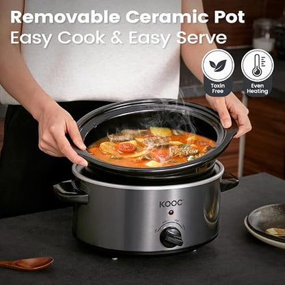 KOOC 4-Quart Slow Cooker, 3 Cooking Settings, Dishwasher Safe Ceramic Crock, Lid, Free Pot Liners Included, GREY, Ellipse Pot