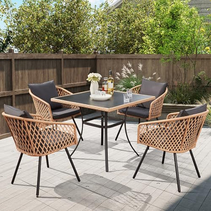 ECOTOUGE 5 Piece Patio Dining Set, Wicker Outdoor Furniture Set w/Glass Square Table, 4 PCS Chairs w/Waterproof Cushions for Backyard Garden Deck, Yellow/Black