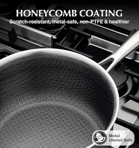 KOCH SYSTEME CS Hybrid Nonstick Stainless Steel Sauce Pan 3QT, Tri-ply Stainless Steel Pot with Honeycomb Interior, Hybrid Sauce Pan with Lid, 18/10 Steel Pot, Induction Compatible