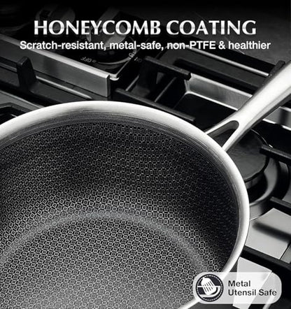 KOCH SYSTEME CS Hybrid Nonstick Stainless Steel Sauce Pan 3QT, Tri-ply Stainless Steel Pot with Honeycomb Interior, Hybrid Sauce Pan with Lid, 18/10 Steel Pot, Induction Compatible