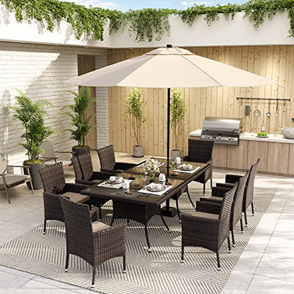 ALAULM 10 Piece Outdoor Patio Dining Set for 8 All-Weather Wicker Patio Furniture Set w/Tempered Glass Tabletop, Removable Cushions and Umbrella Hole for Patio, Backyard, Garden, Poolside (Brown)