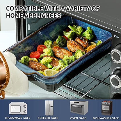 KOOV Bakeware Set, Ceramic Baking Dish, Rectangular Casserole Dish, Lasagna Pan, Baking Pans for Cooking, Cake Dinner, Kitchen, 9 x 13 Inches, Reactive Glaze 3-Piece (Nebula Blue)