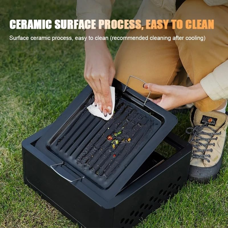 Portable Charcoal BBQ Grill Stove – Smokeless Outdoor Cooking for Camping & Tailgating, Yakitori Grill, Skewers, Easy Drawer Style, Pan and Grill Included