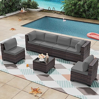 RTDTD 7 Pieces Outdoor Patio Furniture Set,Outdoor Sectional Furniture All Weather PE Rattan Wicker Patio Conversation Set with Coffee Table and 6 Thickened Cushions,Grey