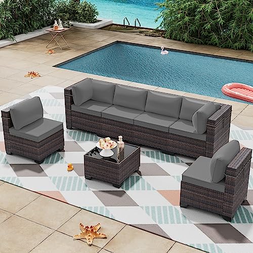 RTDTD 7 Pieces Outdoor Patio Furniture Set,Outdoor Sectional Furniture All Weather PE Rattan Wicker Patio Conversation Set with Coffee Table and 6 Thickened Cushions,Grey