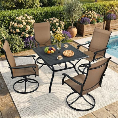 NOBLEMOOD 5-Piece Outdoor Dining Table & Chair Set, Outdoor Dining Set with 4 Textilene Swivel Chairs, Patio Metal Square Dining Table Set for Outside, Garden, Backyard