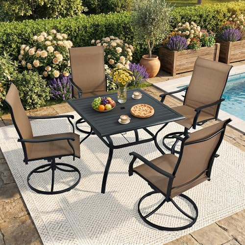 NOBLEMOOD 5-Piece Outdoor Dining Table & Chair Set, Outdoor Dining Set with 4 Textilene Swivel Chairs, Patio Metal Square Dining Table Set for Outside, Garden, Backyard