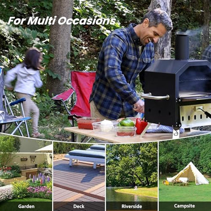 Pizzello Outdoor Pizza Oven Wood Fired 2-Layer Pizza Ovens Outside Pizza Maker with Stone, Pizza Peel, Cover,Removable Cooking Rack for Camping Backyard BBQ (Black)