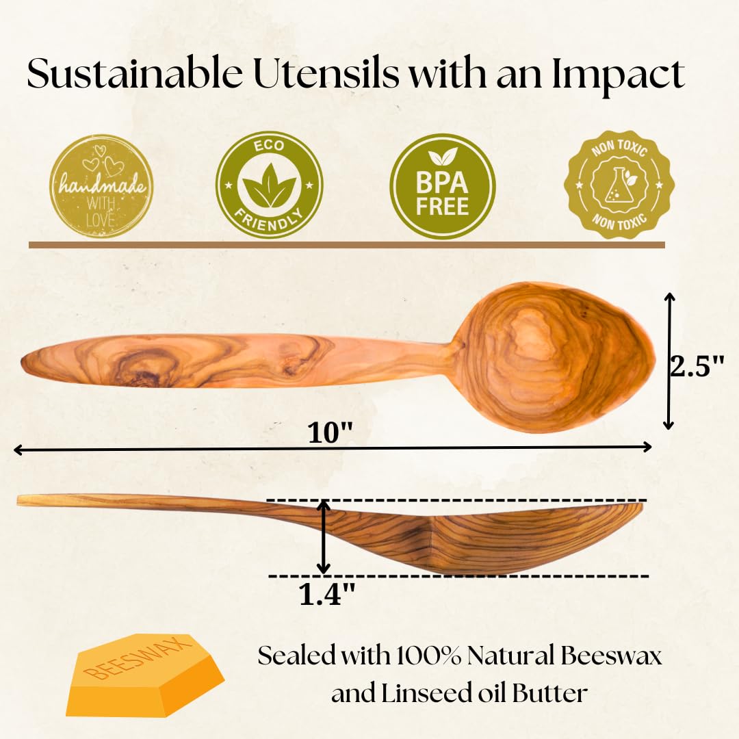 Olive Wood Serving Spoon - 10'' Artisan Utensil, Fair-Trade, Handcrafted Serving Utensils, Olive Wood Utensils, Wooden Cooking Spoon, Includes 2 Greek Recipes - LESVOS WOODCRAFT