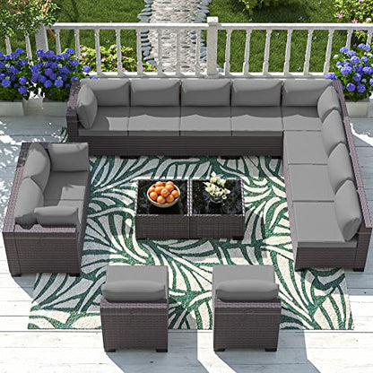 ASJMR Outdoor Patio Furniture Set, 14 Pieces Outdoor Sectional Furniture Patio Sofa, All-Weather PE Rattan Patio Conversation Set with Tempered Glass Top Table & Cushions(Grey).