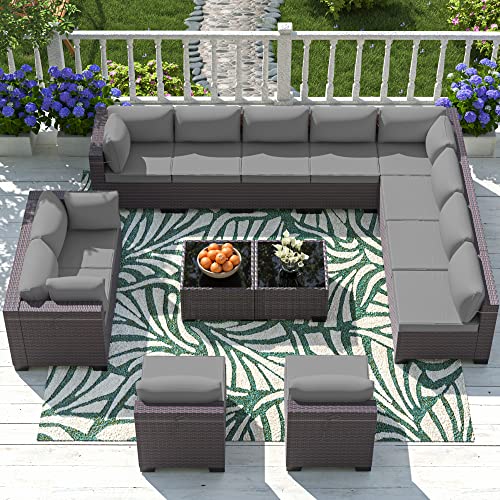 ASJMR Outdoor Patio Furniture Set, 14 Pieces Outdoor Sectional Furniture Patio Sofa, All-Weather PE Rattan Patio Conversation Set with Tempered Glass Top Table & Cushions(Grey).