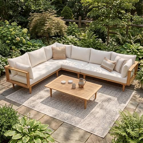 Merax 102" Outdoor Modular Sectional Sofa Set, 6 Seats L-Shaped Couch Wood Waterproof Fabric Patio Furniture Set with Coffee Table, Weather-Resistant Cushions for Backyard, Poolside, Natural+Beige