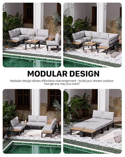 ZANDOR 7 Pieces Aluminum Outdoor Patio Furniture Set, Movable Backrest Modular Sectional Sofa Set, Metal Conversation Set with 4-inch Thick Cushion for Garden Backyard Porch, Grey