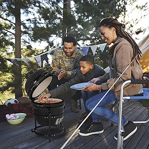 13" Portable Round Ceramic Charcoal Grill,Outdoor Barbecue Smoker,Heavy Duty Outdoor BBQ Grill,Vertical Camping Barbecue Grill,with Built-in Thermometer,for Garden Patio Beach Backyard (Black)
