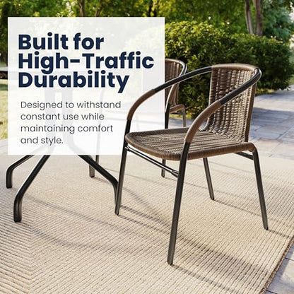 Flash Furniture Lila 28'' Round Glass Metal Table with Dark Brown Rattan Edging and 2 Dark Brown Rattan Stack Chairs