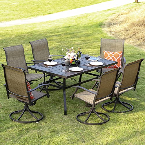NUU GARDEN 7 Piece Outdoor Dining Set, 6 Swivel Patio Chairs and 1 Dining Table with 1.57 Inch Umbrella Hole, Iron Patio Furniture Set for Lawn Backyard Balcony, Black and Brown