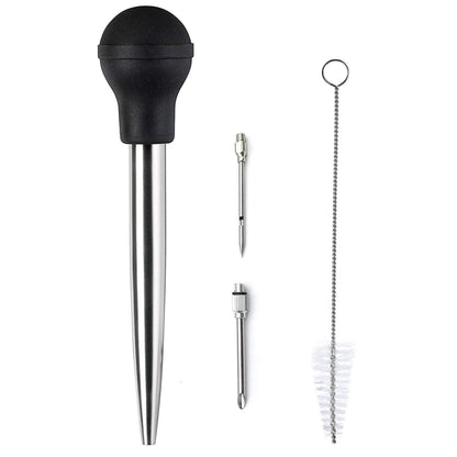 Stainless Steel Turkey Baster With Cleaning Brush - Food Grade Syringe Baster For Cooking & Basting With 2 Marinade Injector Needles - Ideal For Butter Dripping, Roasting Juices For Poultry (Black)