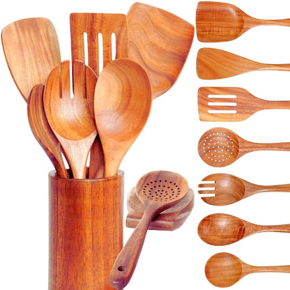 9 Pics Teak Wood Utensil Set-Wooden Cooking Spoon for Cooking-Wooden Spatula with Utensils Rest and Holder Cooking Utensils Set Non Toxic-Wood Spatula for Cooking